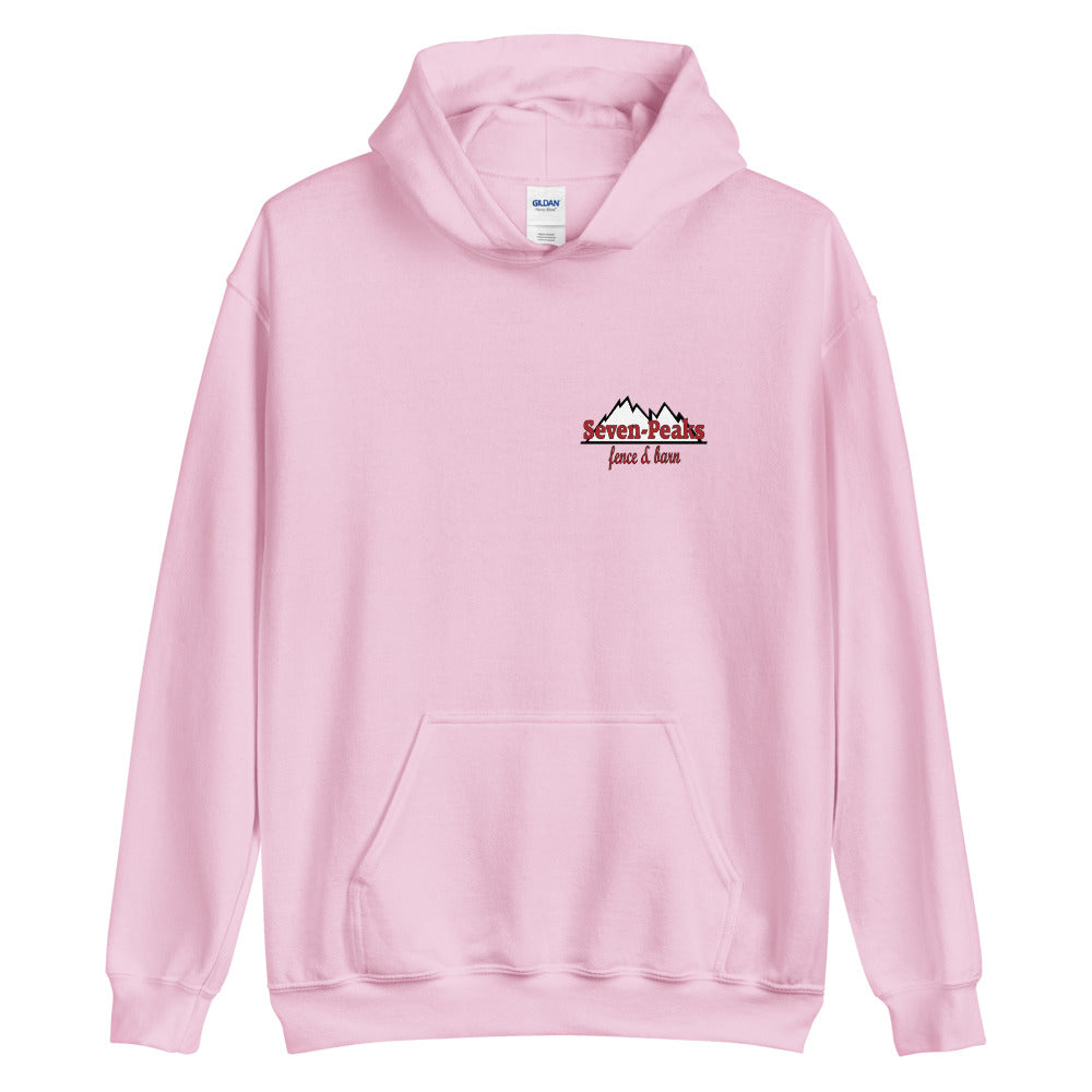 pink hoodie with Seven Peaks fence and barn logo
