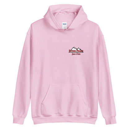 pink hoodie with Seven Peaks fence and barn logo