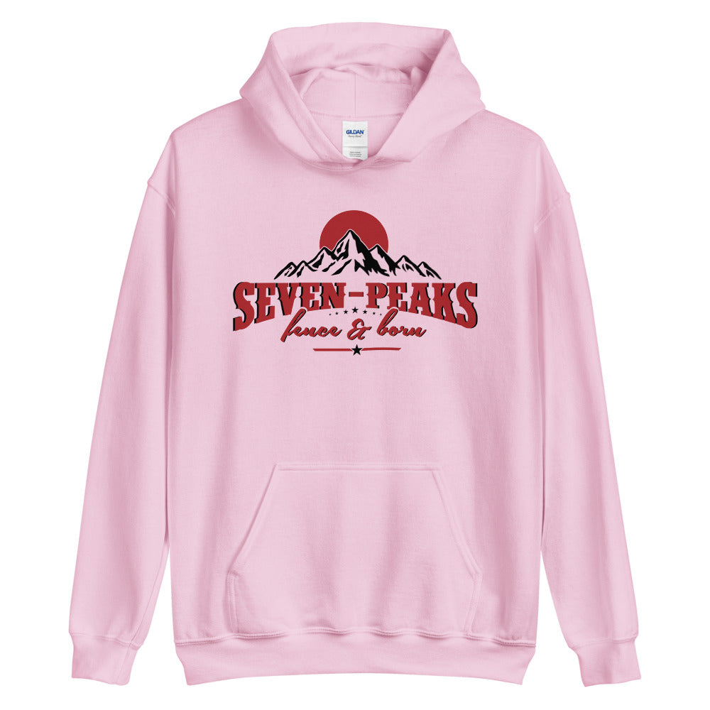 Pink hoodie with Seven Peaks logo design.