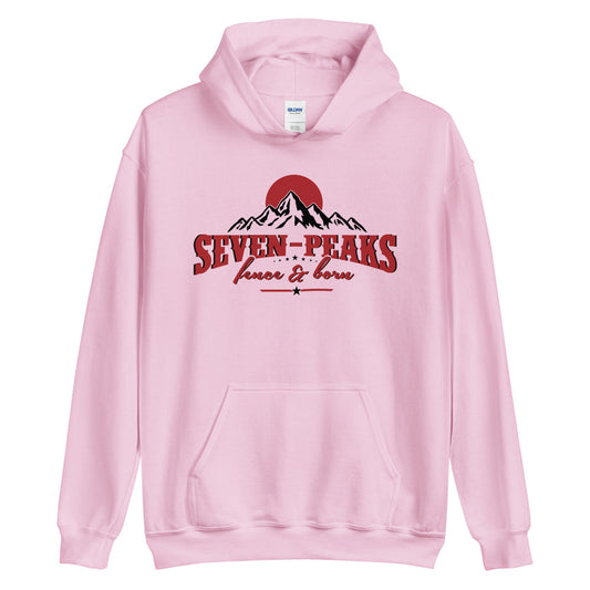 Pink hoodie with Seven Peaks logo design.
