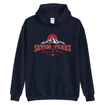 "navy hoodie seven peaks design"