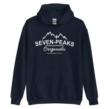 Navy hoodie with Seven Peaks Originals logo design
