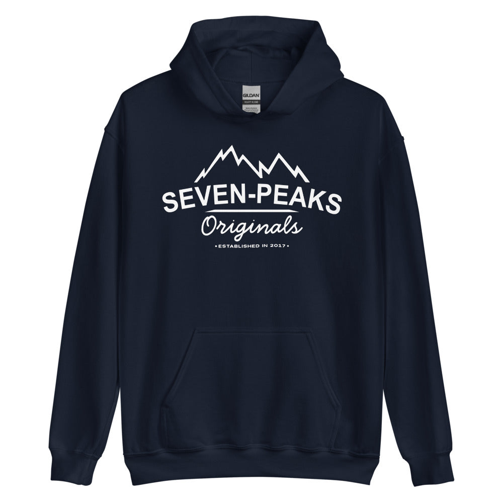 Navy hoodie with Seven Peaks Originals logo design
