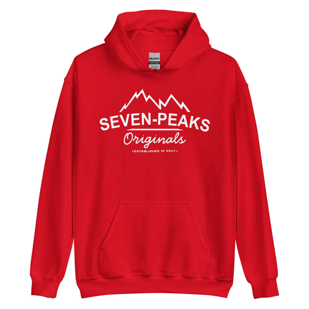 Red hoodie with Seven Peaks Originals logo.