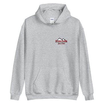 gray hoodie with seven peaks fence and barn logo