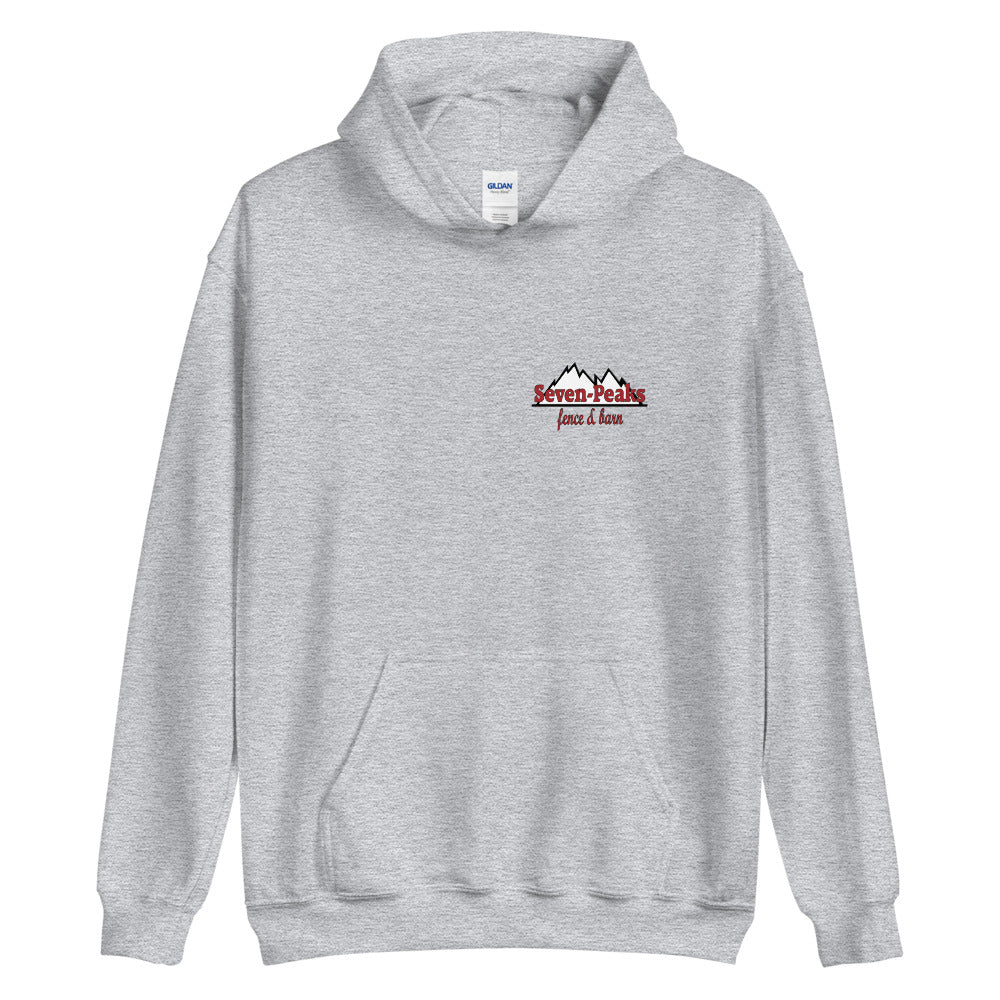 gray hoodie with seven peaks fence and barn logo