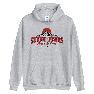 Gray hoodie with Seven Peaks logo mountain graphic.