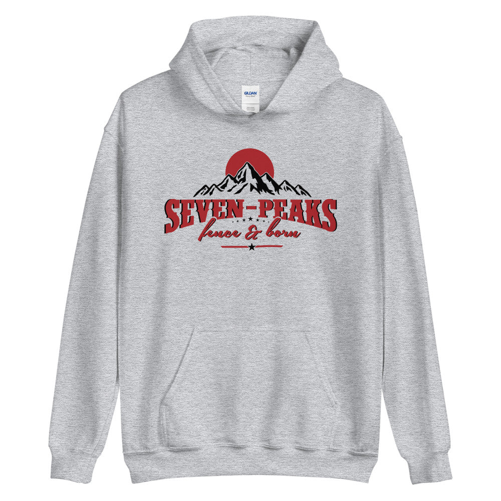 Gray hoodie with Seven Peaks logo mountain graphic.