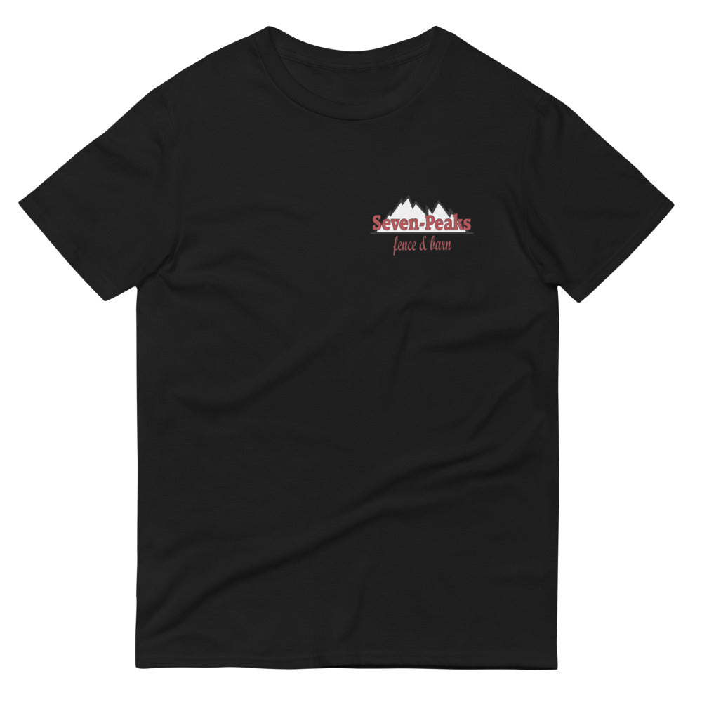 Black T-shirt with Seven Peaks logo.