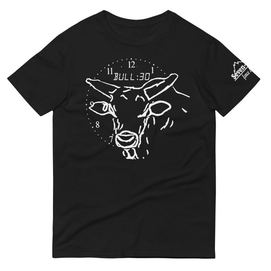 Black t-shirt with bull head and clock design.