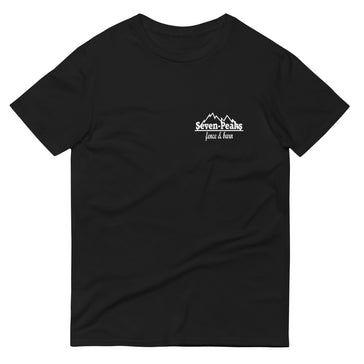 black t-shirt with seven peaks fence and barn logo