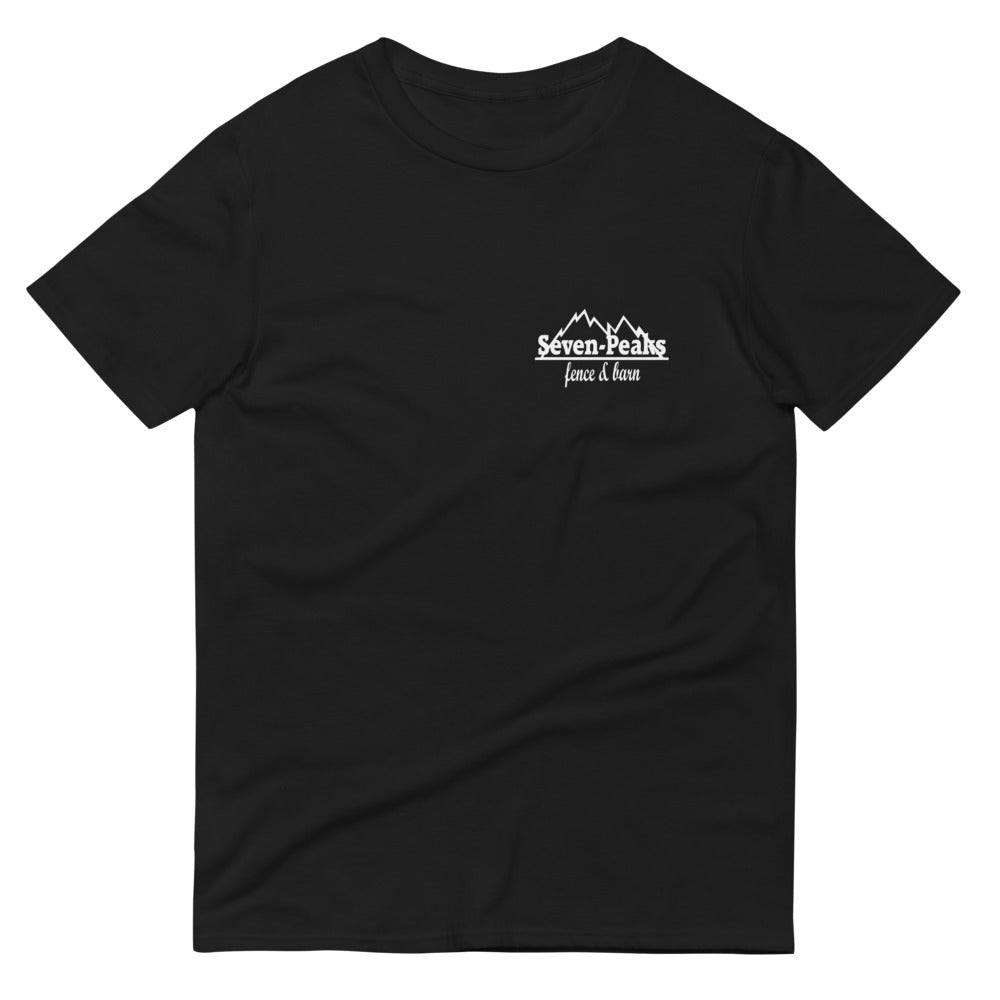 black t-shirt with seven peaks fence and barn logo