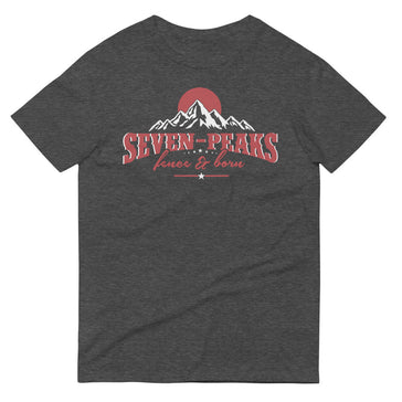 Gray t-shirt with Seven Peaks logo and mountain design