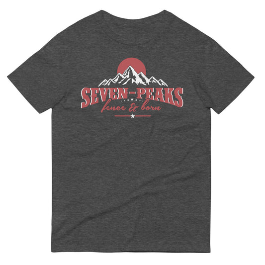 Gray t-shirt with Seven Peaks logo and mountain design