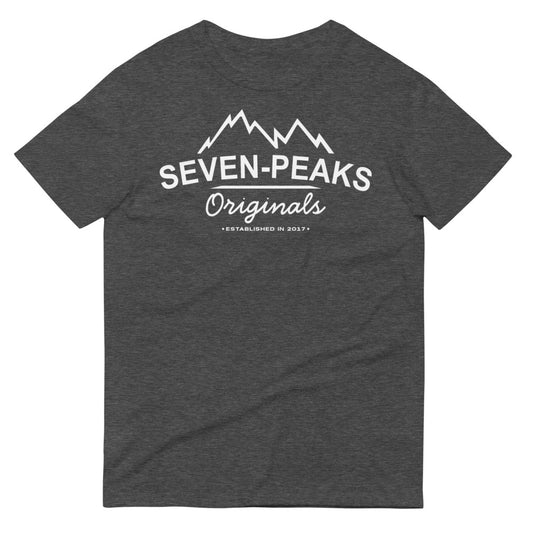 Gray T-shirt with Seven Peaks Originals print, mountain design.