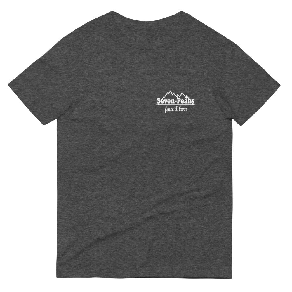 Gray t-shirt with Seven Peaks fence and barn logo