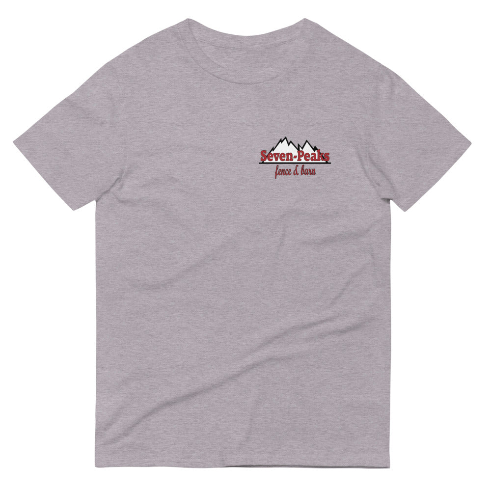 Gray t-shirt with Seven Peaks Fence & Barn logo