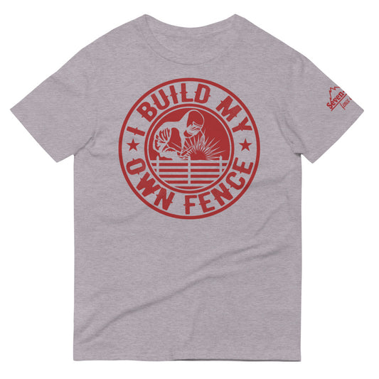 Gray t-shirt with red "I Build My Own Fence" design.