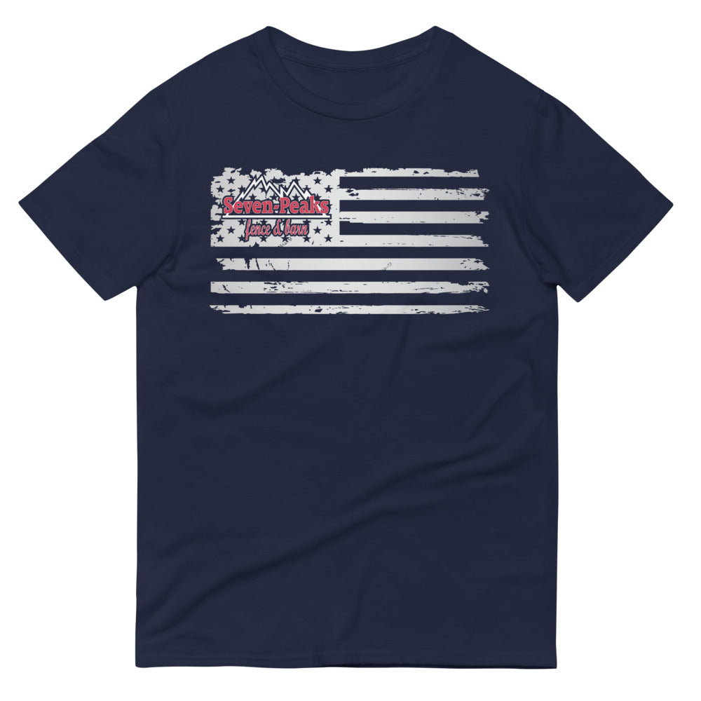 navy t-shirt with distressed American flag design and Seven Peaks logo