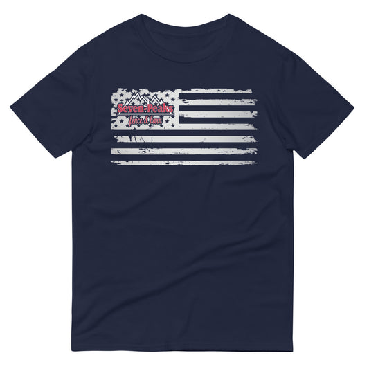 navy t-shirt with distressed American flag design and Seven Peaks logo