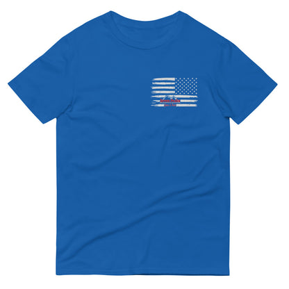 Blue t-shirt with American flag design.