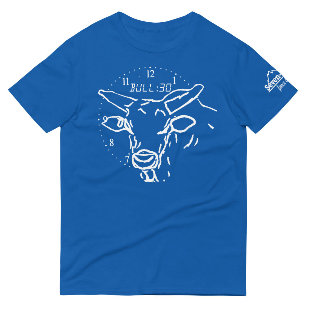 Blue t-shirt with bull clock design