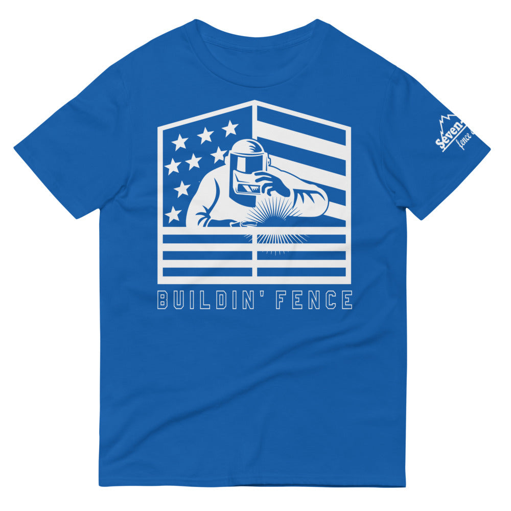Blue t-shirt with welding graphic and text "Buildin' Fence"