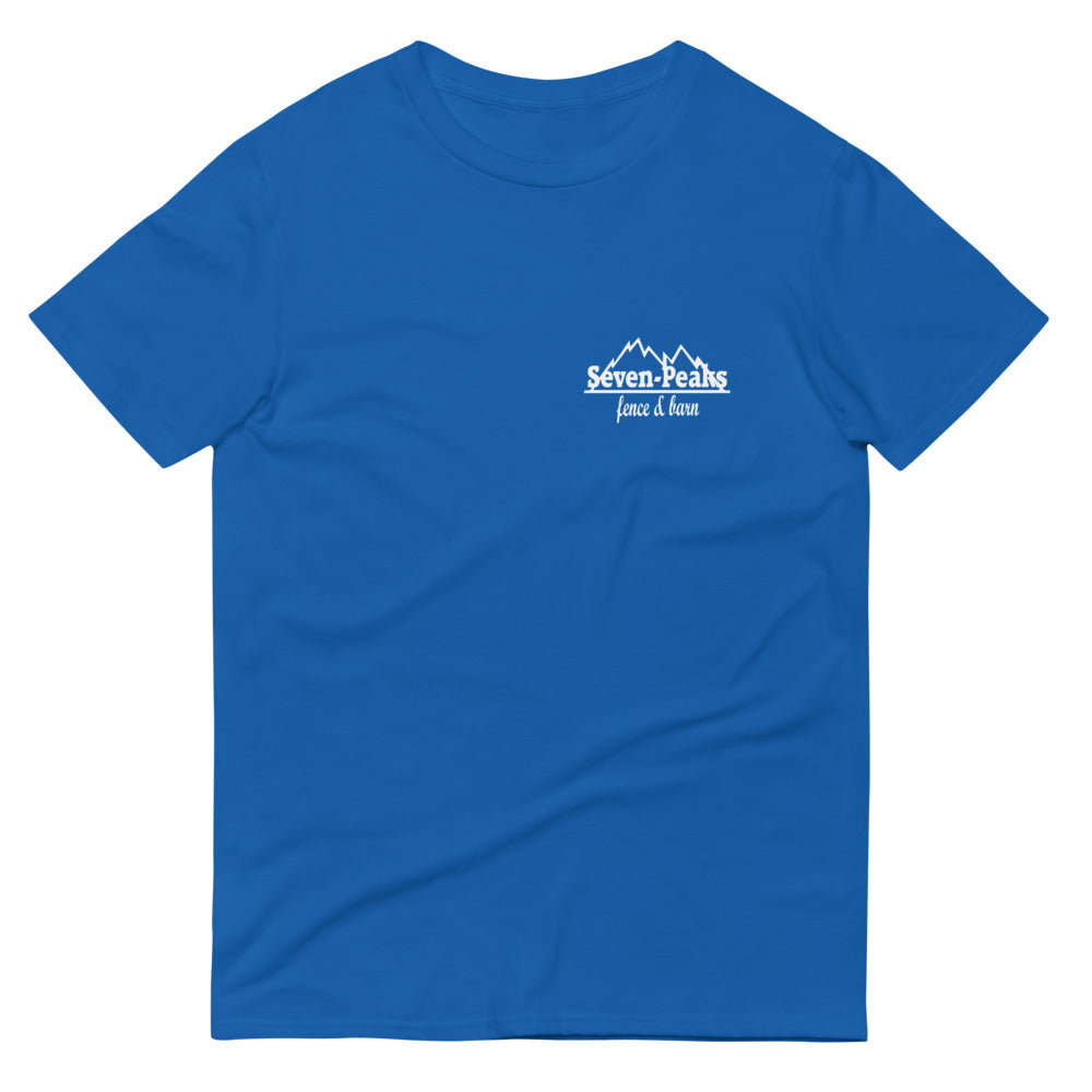 blue t-shirt with seven peaks fence and barn logo