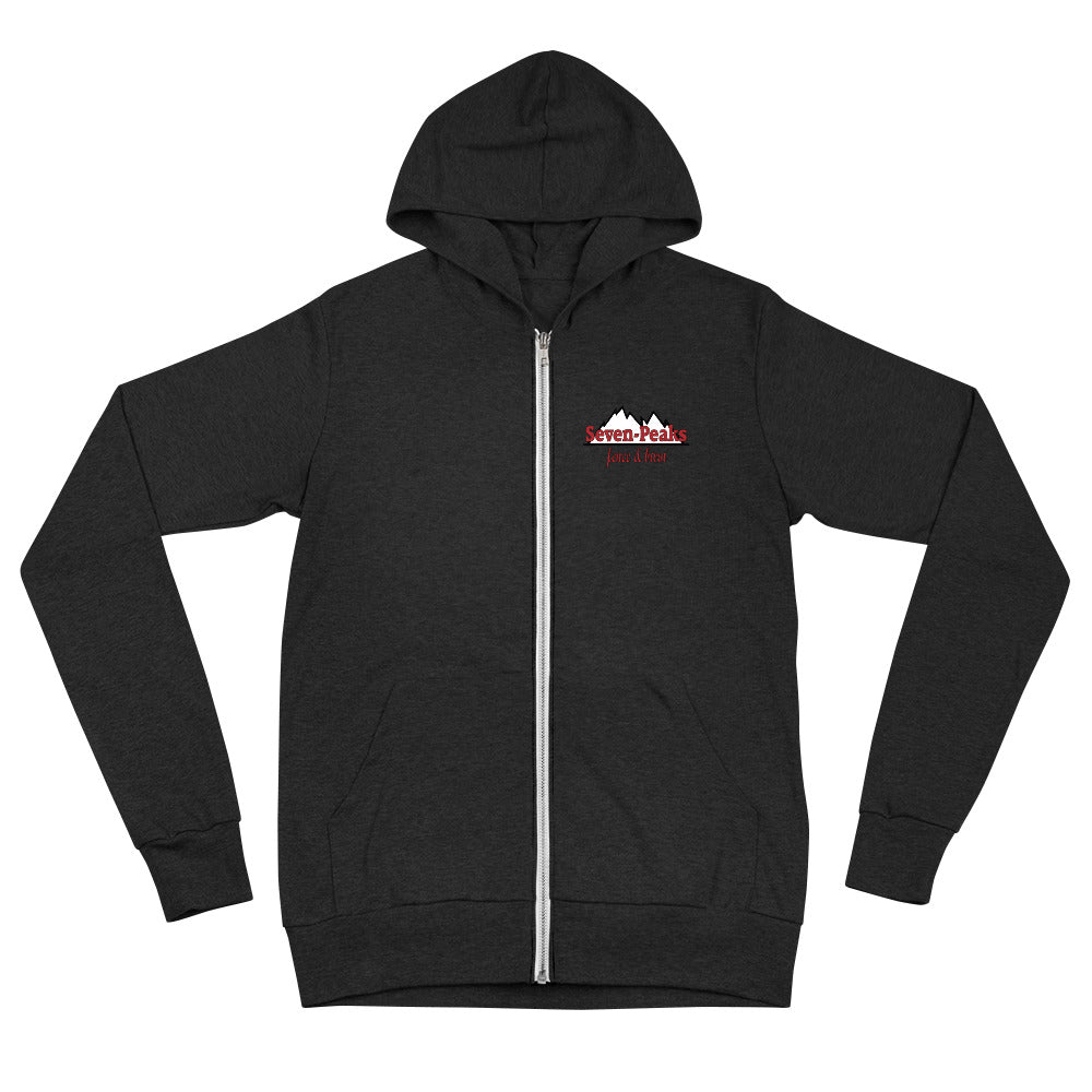 "black zip-up hoodie with seven peaks logo"