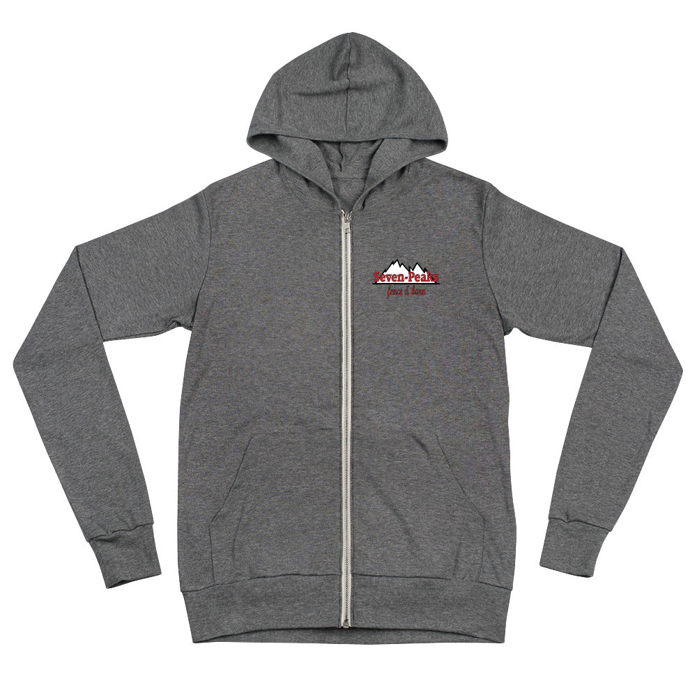 Gray zip-up hoodie with mountain logo.