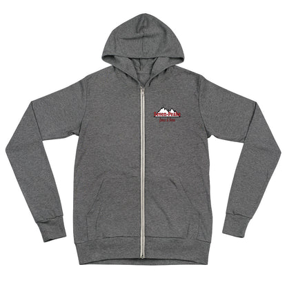 Gray zip-up hoodie with mountain logo.