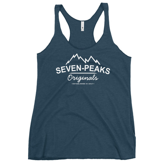 navy blue racerback tank top with seven-peaks originals logo