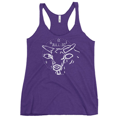 Purple tank top with bull graphic and clock design.