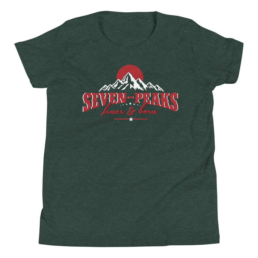 green t-shirt with seven peaks logo design