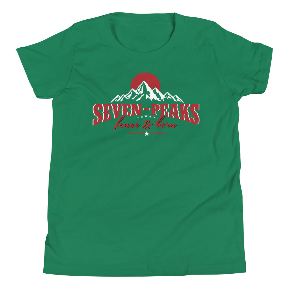 "green t-shirt with seven peaks design"