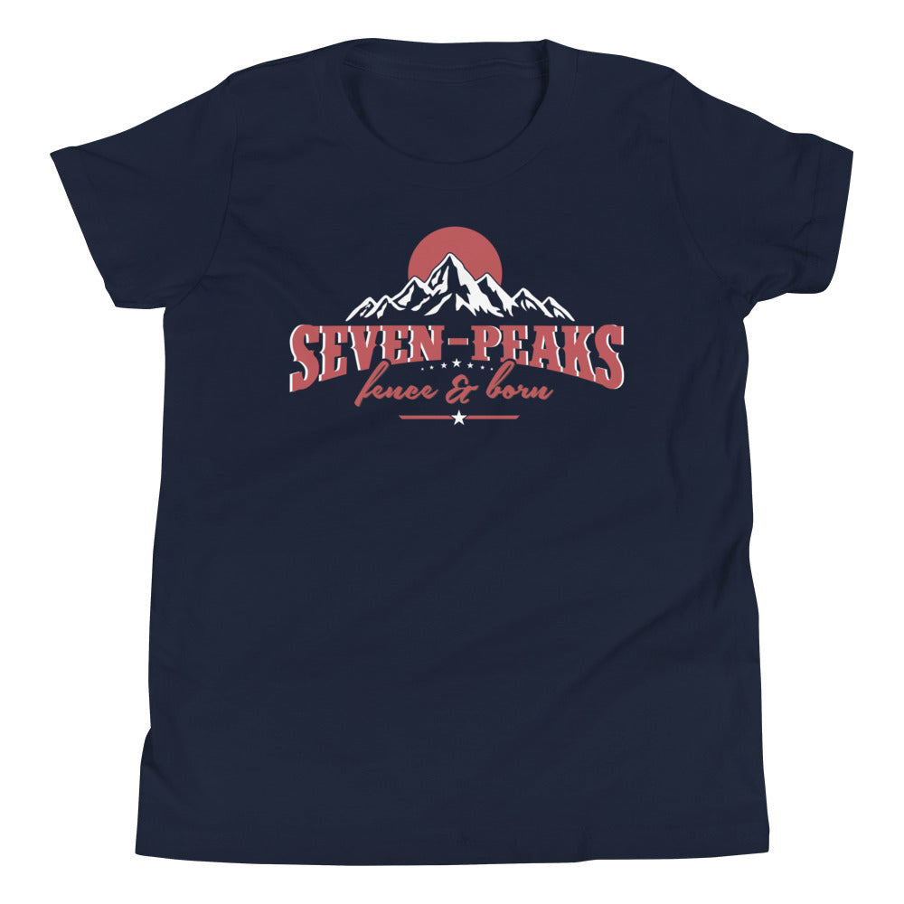 "navy blue t-shirt with seven peaks mountain graphic design"